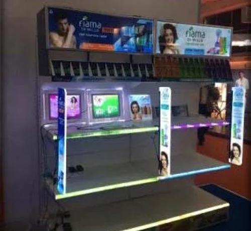 LED-lit retail display stand fabricated by Navya India